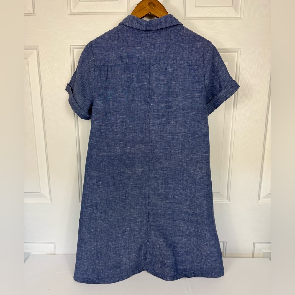 TAHARI Sz M Shirt Dress‎ Blue Linen A Line Collared Short Sleeve Button Down - Picture 3 of 7